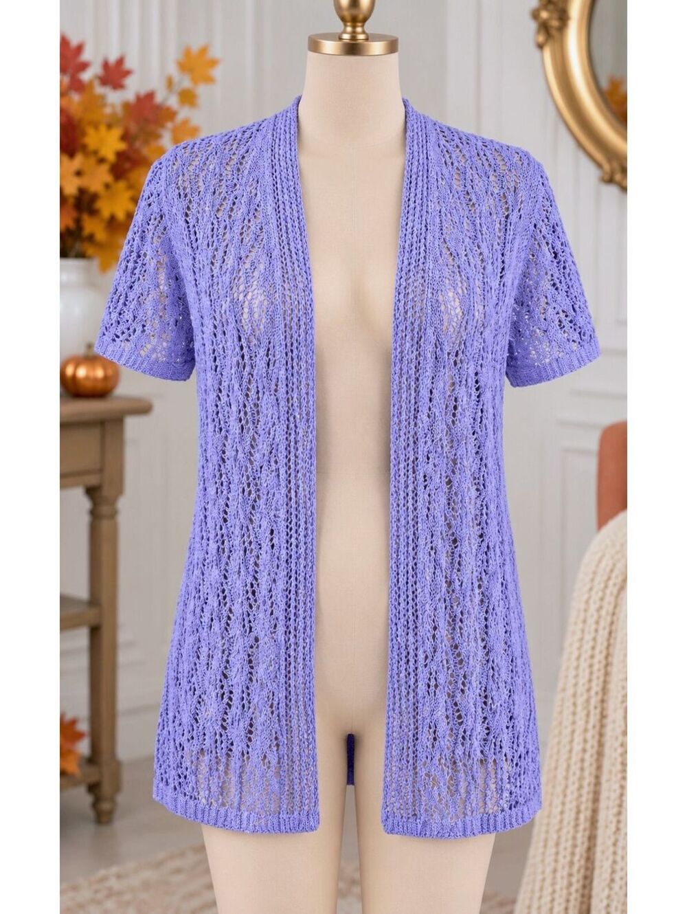 Coldwater Creek M Lavender Linen Blend Open Knit Long Cardigan Coastal Boho